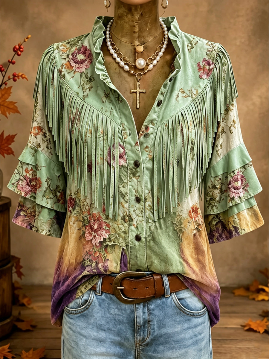 Vintage Ruffle Neck Button Up Tassel Design Suede Top